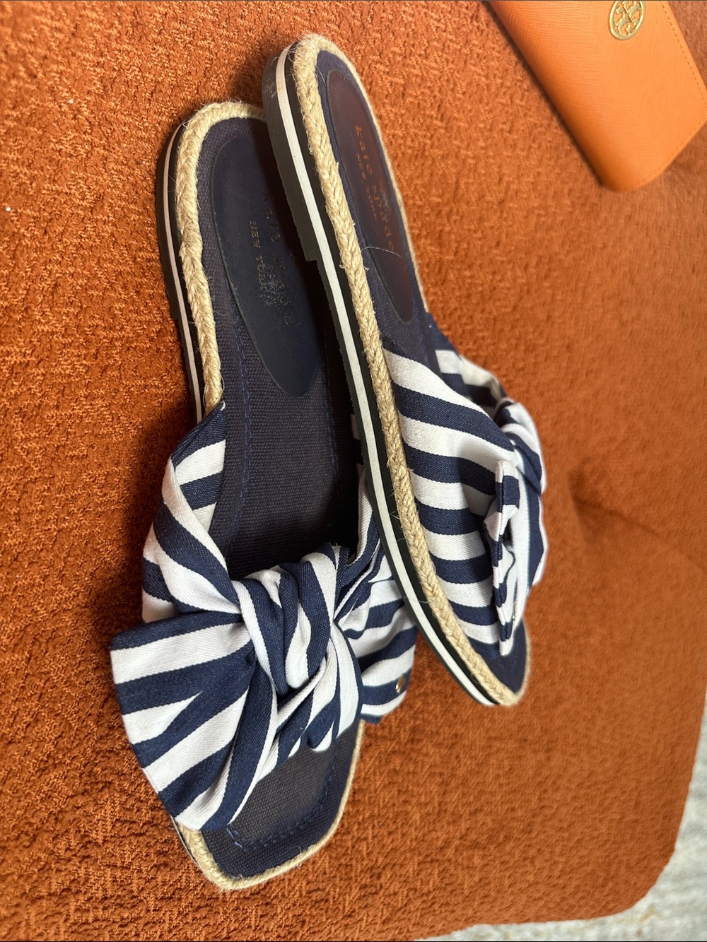 Kate Spade Navy and White Knotted Bow Stripe Slide Sandals 9 - Picture 2 of 5